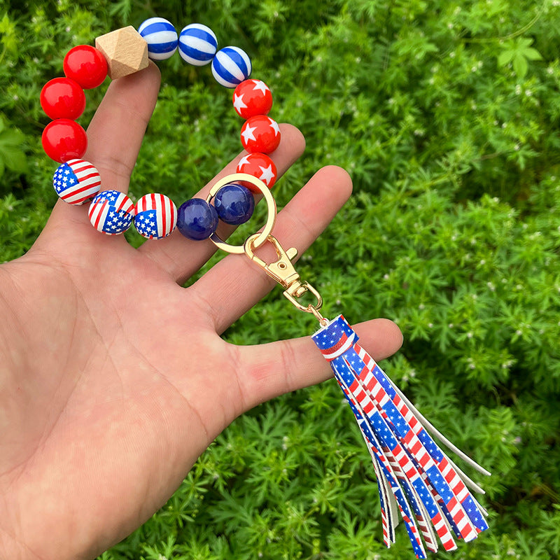 Wholesale Independence Day Wooden Beads Beaded Wrist Keychain
